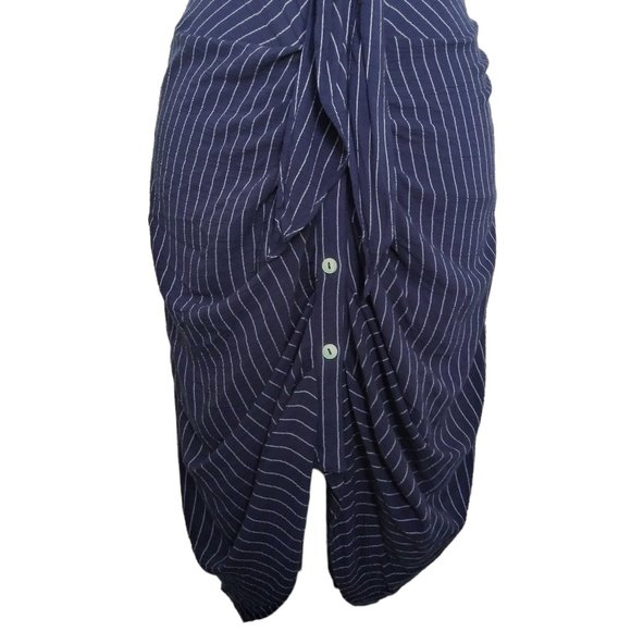 4/$20 Shinestar Navy Blue Pinstripe Dress Large Ruched Button Front Sleeveless - Picture 3 of 7